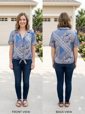 Eclair Blue Paisley Print Tie Front Shirt XL Short Sleeve Button Up Boho Blouse